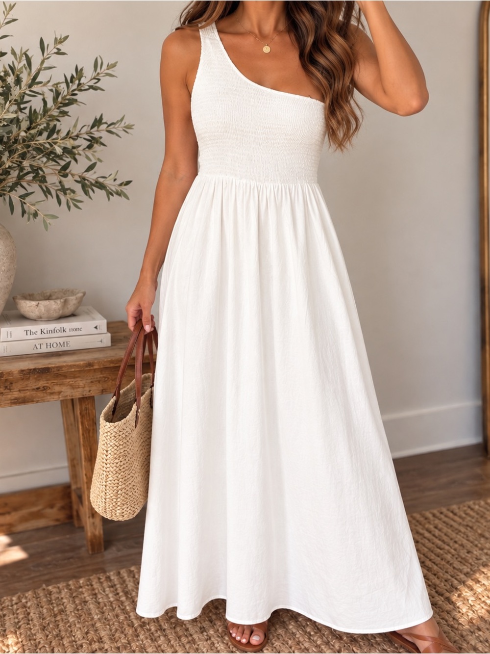 Small | Massimo Dutti | White One-Shoulder Smocked Maxi Dress